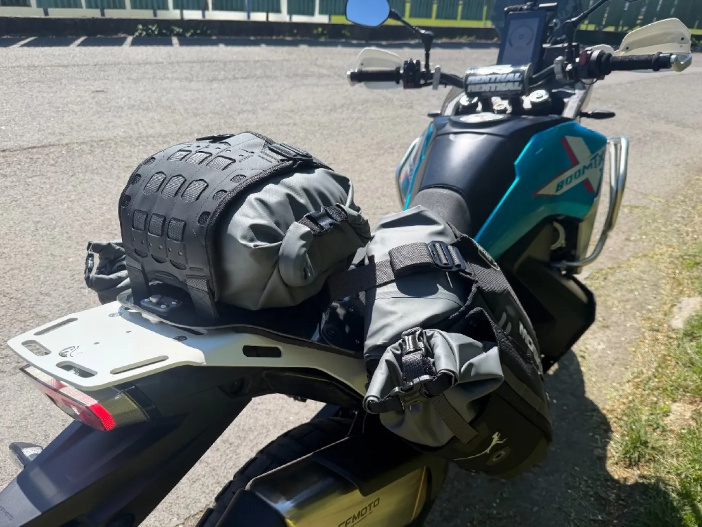 CFMOTO 800MT-X rack loaded with Mosko Moto soft luggage